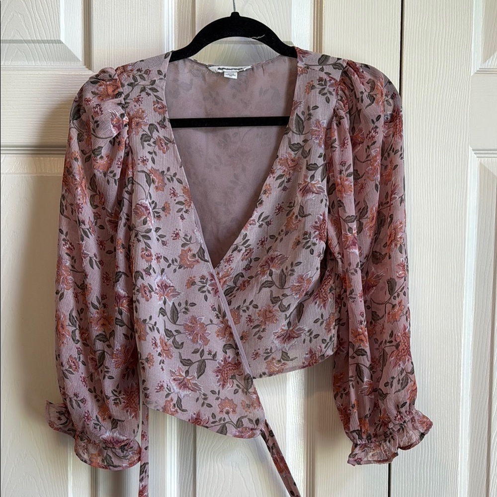 American Eagle Outfitters Pink Puff Sleeve Wrap Blouse